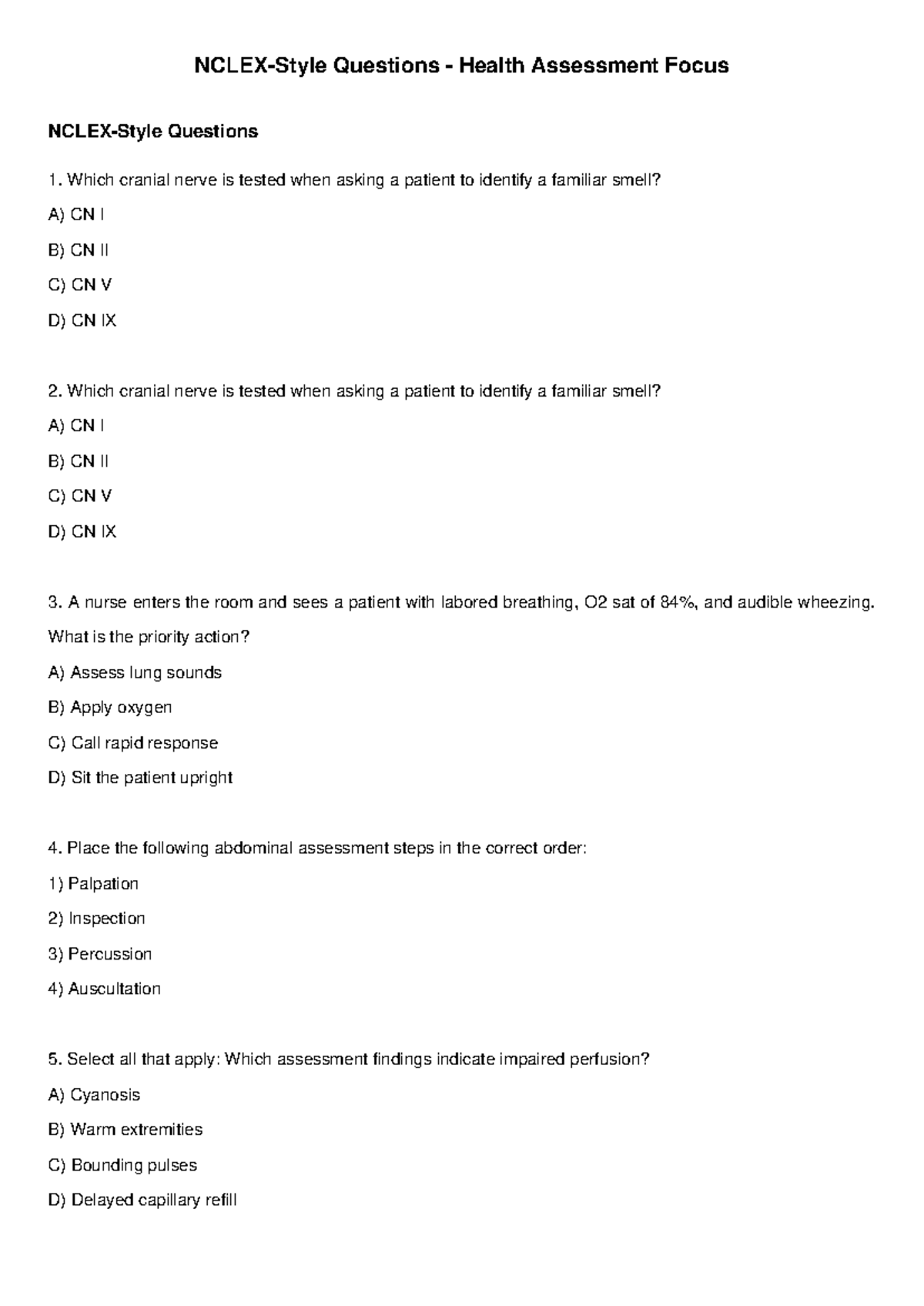 NCLEX Health Assessment Focus Questions and Answers - Studocu