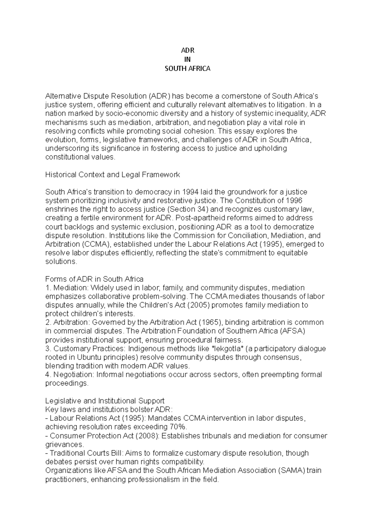 ADR in South Africa: Evolution, Forms, and Legal Frameworks - Studocu