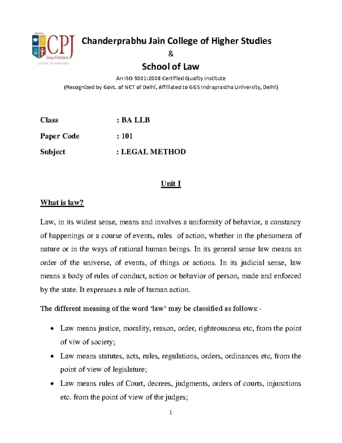 BA LLB 101: Legal Method Final Exam Notes Summary and Overview - Studocu