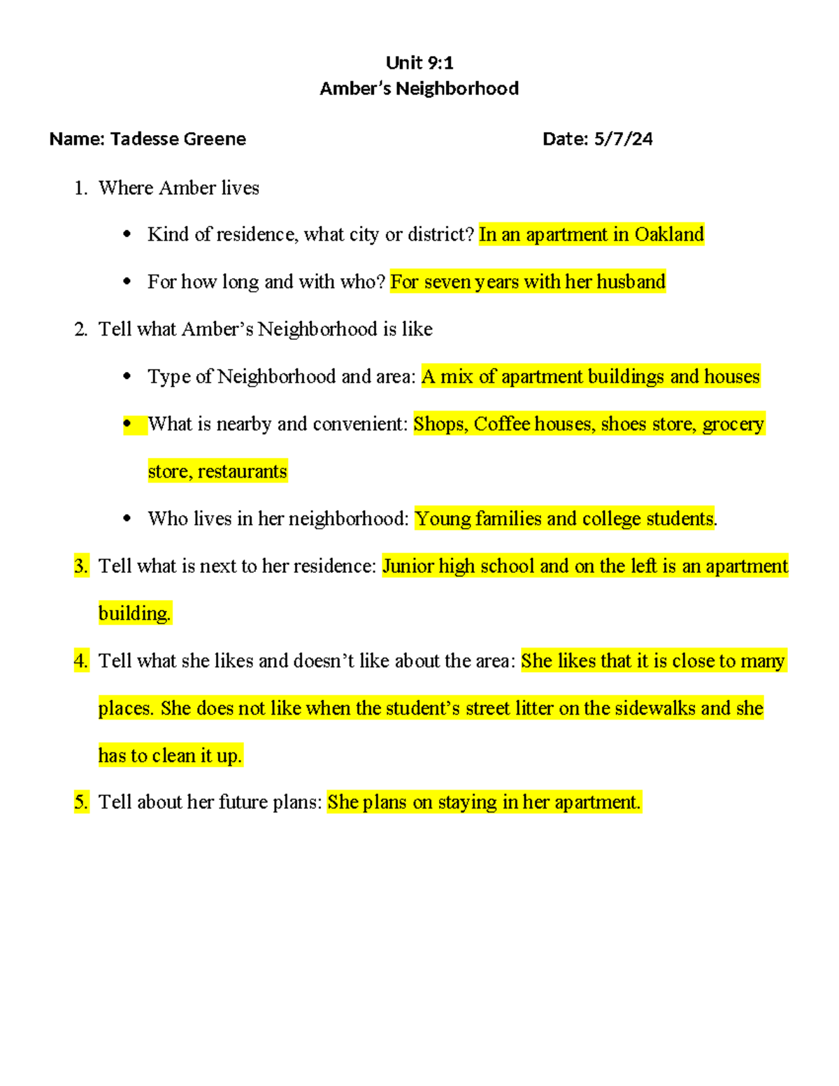 Unit 9: Amber's Neighborhood Overview and Personal Insights - Studocu