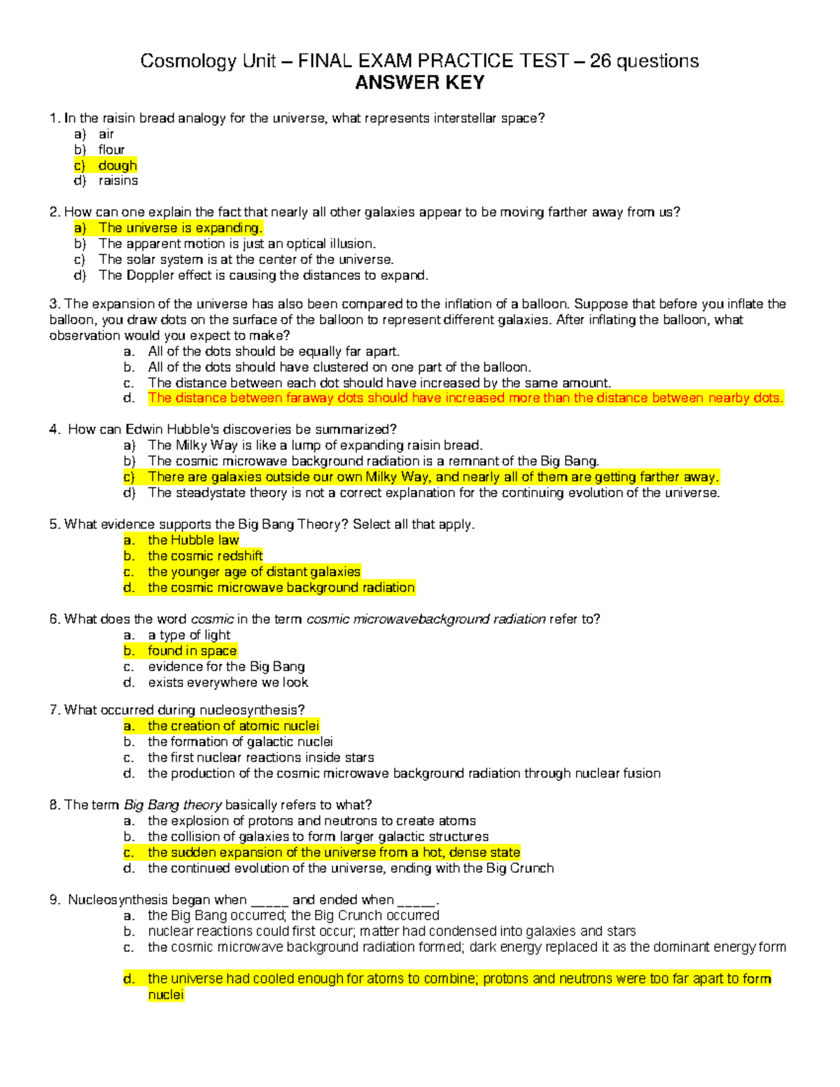 Cosmology Unit FINAL EXAM PRACTICE TEST 26 Qs ANSWER KEY - Studocu