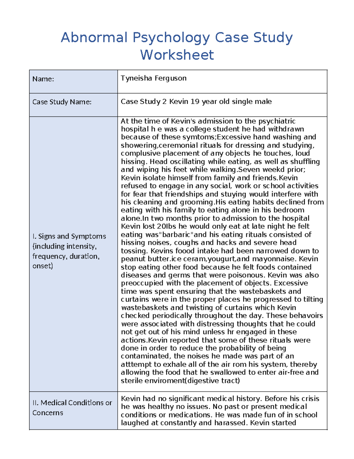 Case Study Worksheet - course work - Abnormal Psychology Case Study ...