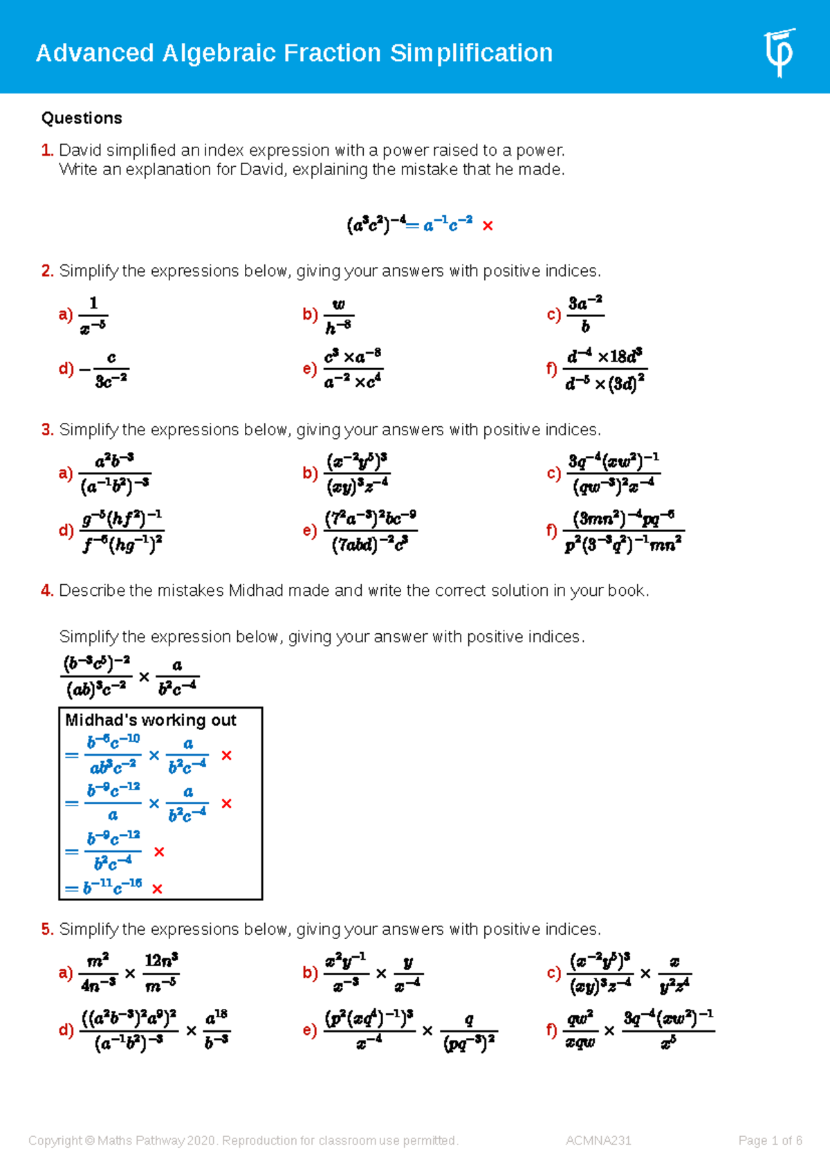 Advanced Algebra: Simplifying Expressions with Positive Indices - Studocu