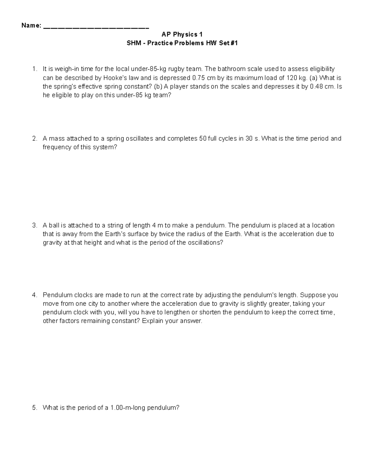 HW Set #1: SHM Practice Problems for AP Physics 1 - Studocu