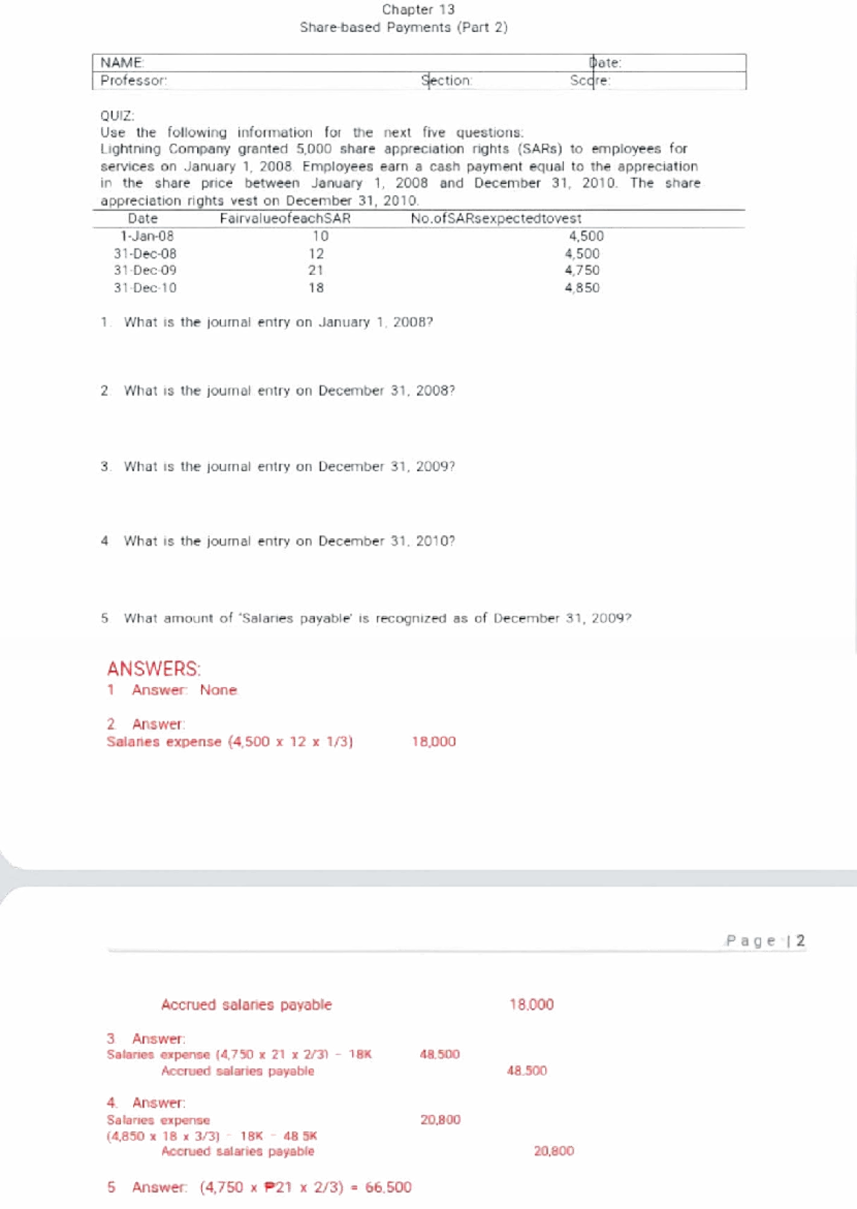 Acctg 4 - Chapter 13 Payments (Part 2) Quiz on SARs - Studocu