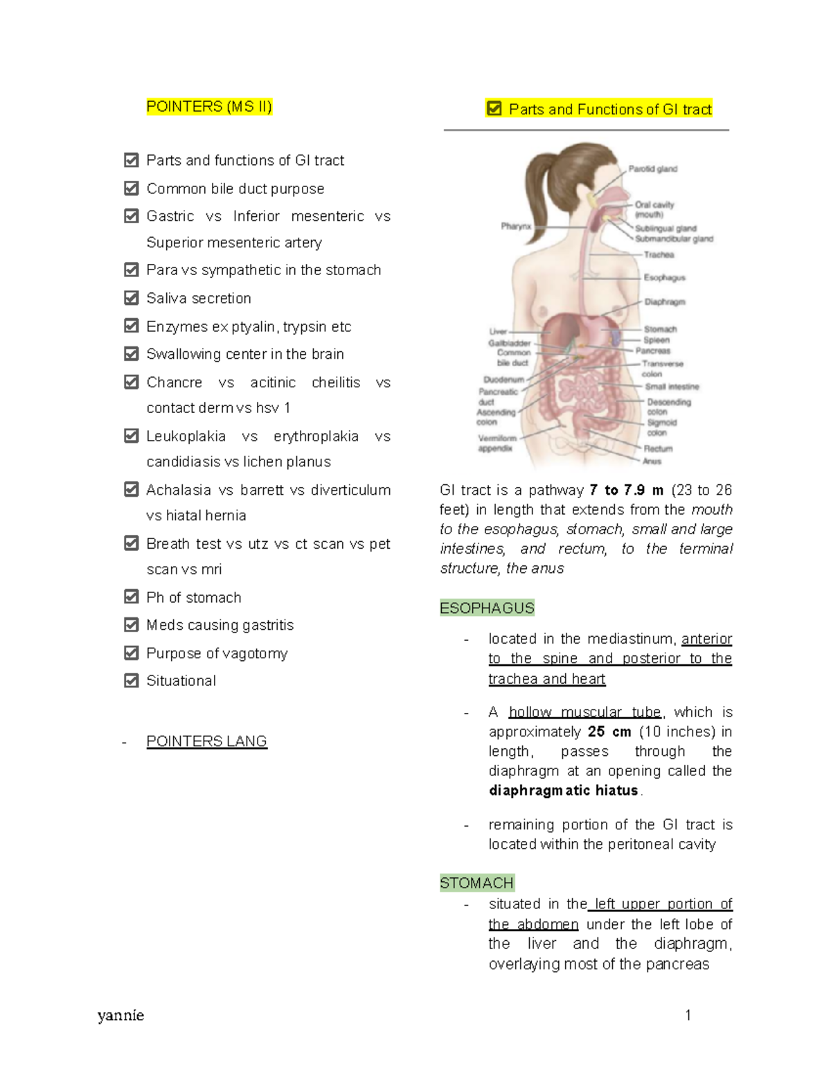 Copy of Medsurg Pointers - POINTERS (MS II) Parts and functions of GI ...