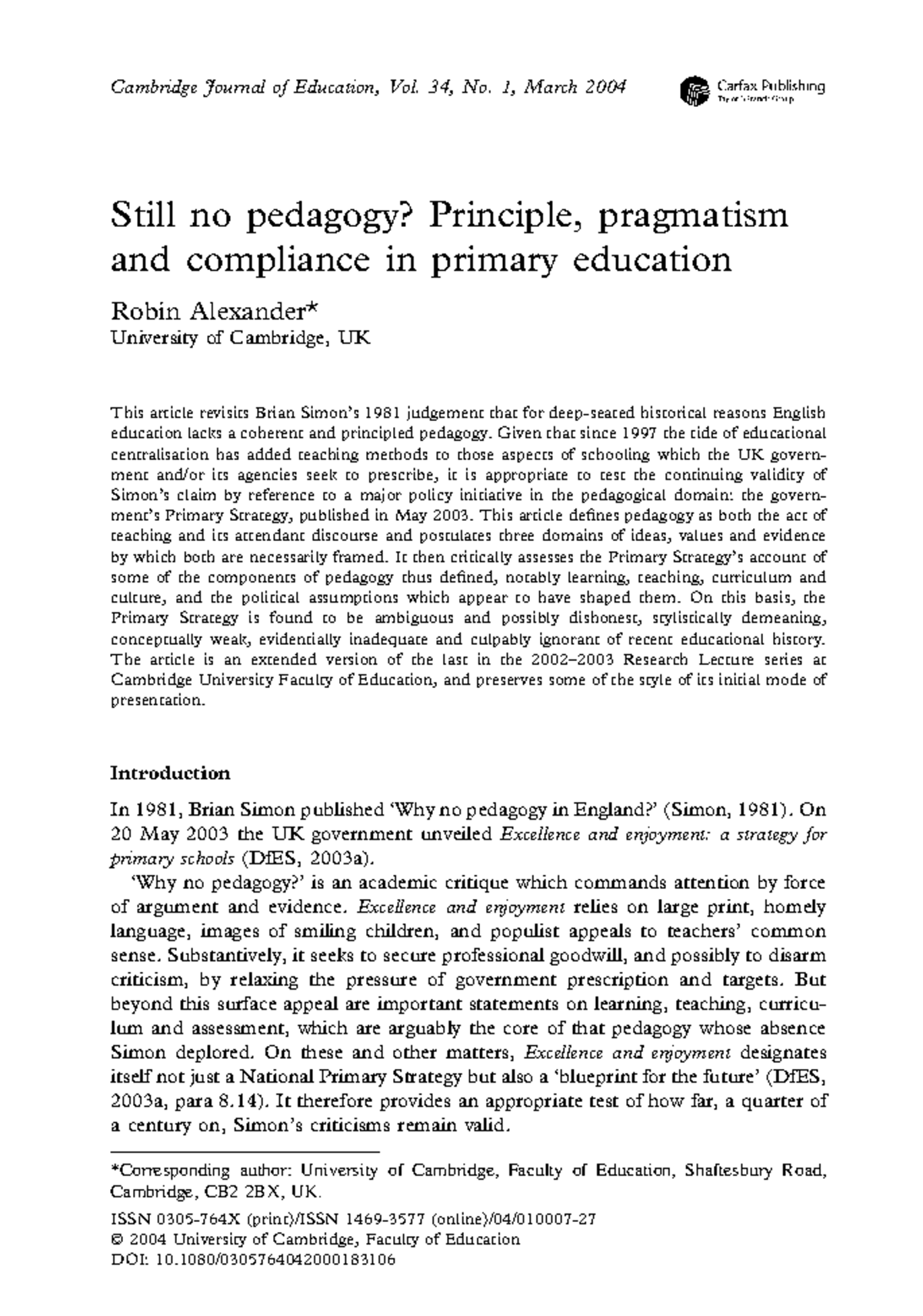 CJE 34(1): Revisiting Pedagogy in Primary Education - A Critical ...
