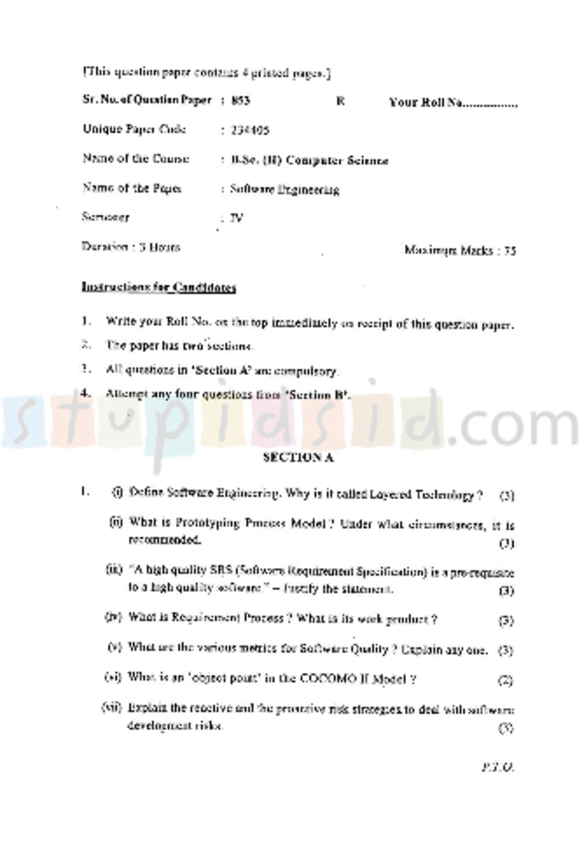 B.sc(hons) computer science software engineering sem iv 853 - question ...