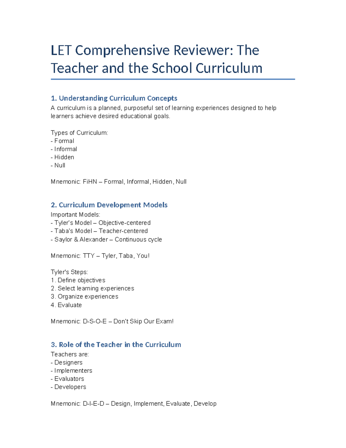 LET Comprehensive Curriculum Reviewer: Key Concepts & Models - Studocu