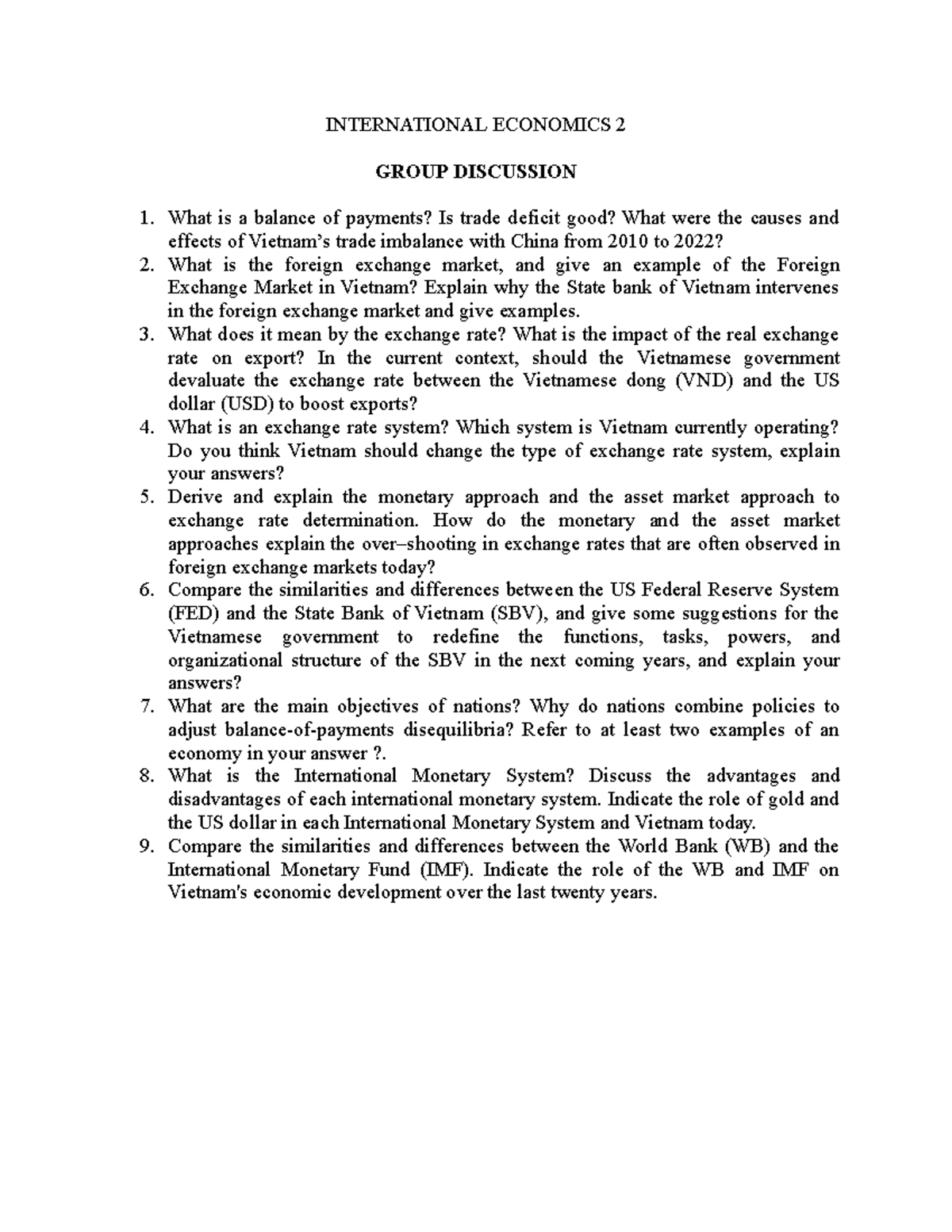 Group Discussion Topics for International Economics 2 (IE2) - Studocu