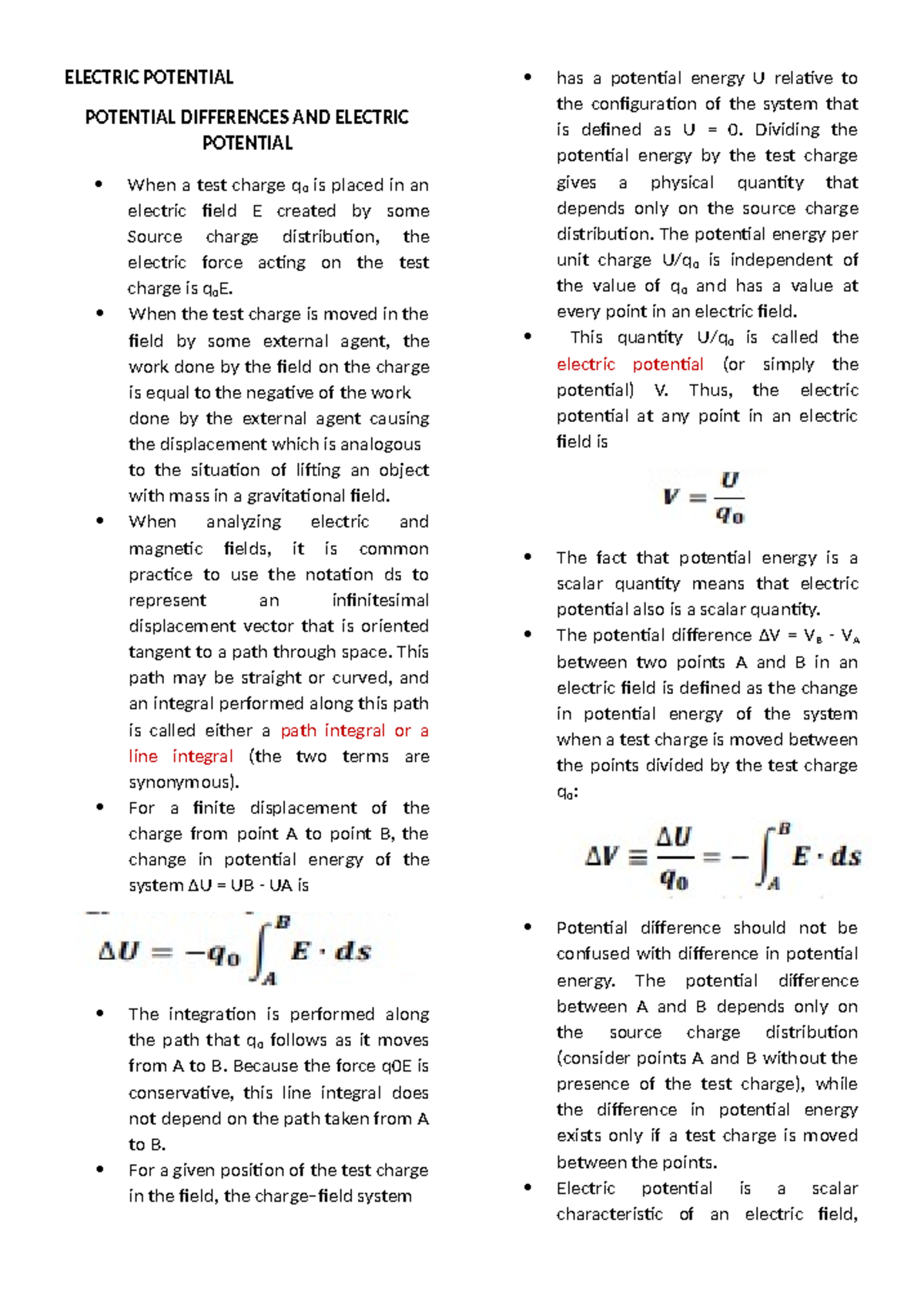 Electric Potential - basic notes - ELECTRIC POTENTIAL POTENTIAL ...