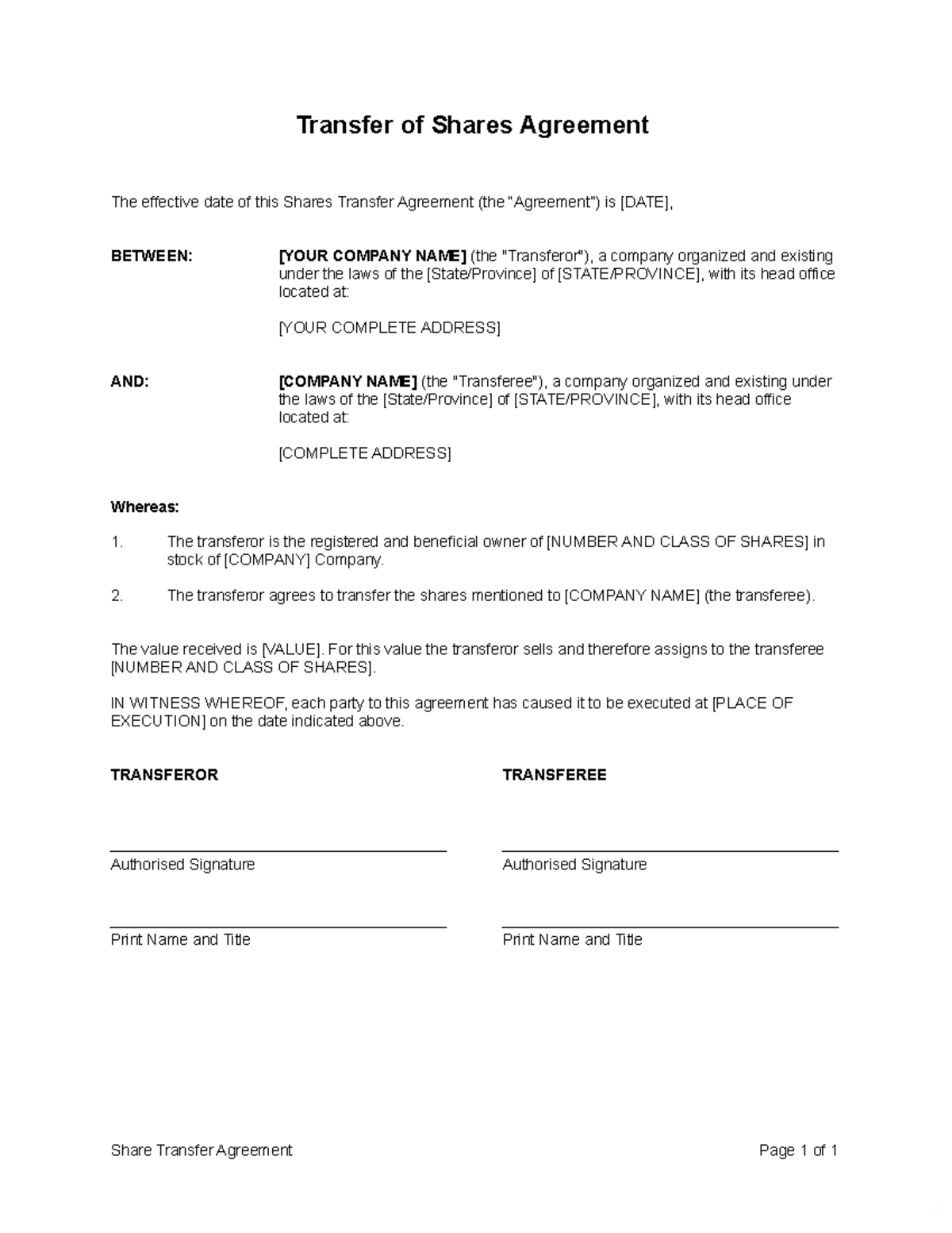 Shares Transfer Agreement - Template for Legal Documents - Studocu