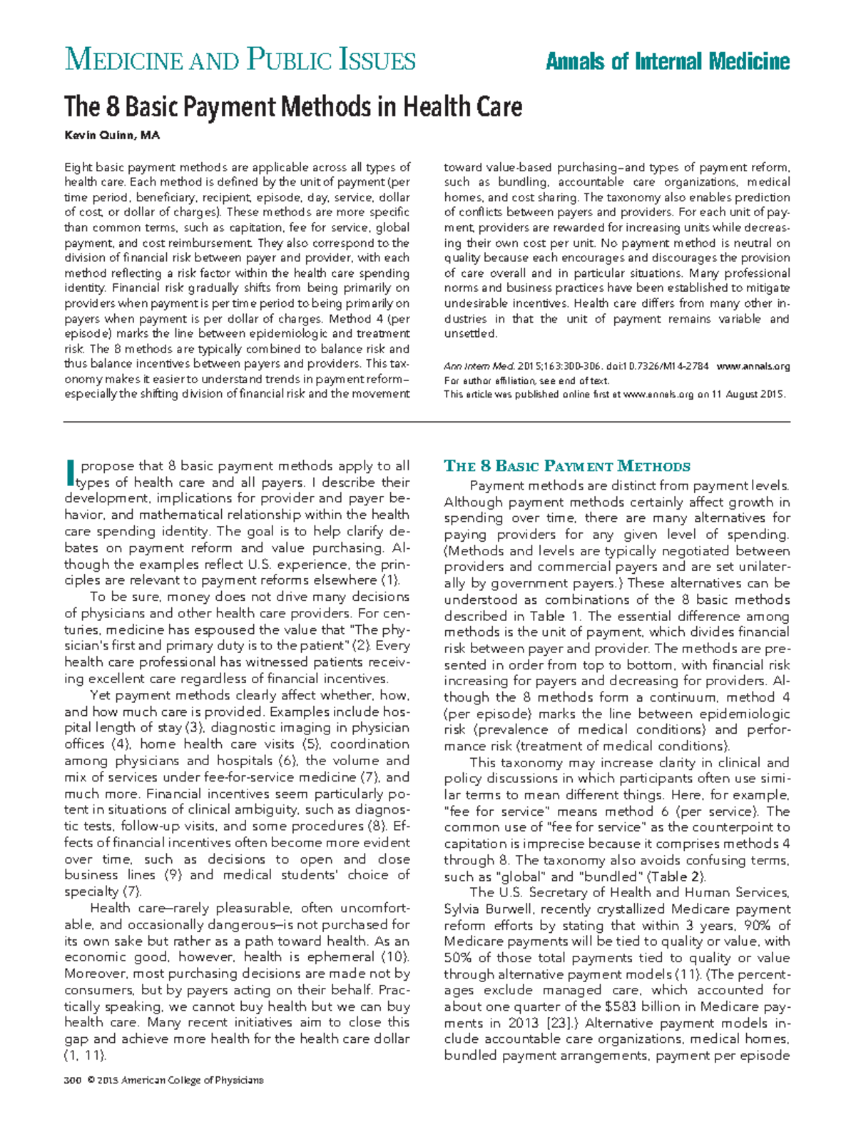 The 8 Payment Methods Annals of Internal Med Kevin Quinn Aug 2015 - The ...