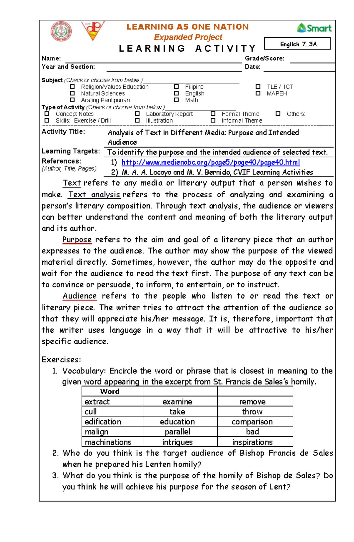 English-7-LAS-3A-Analysis-of-Text Purpose-and-Audience Insights - Studocu