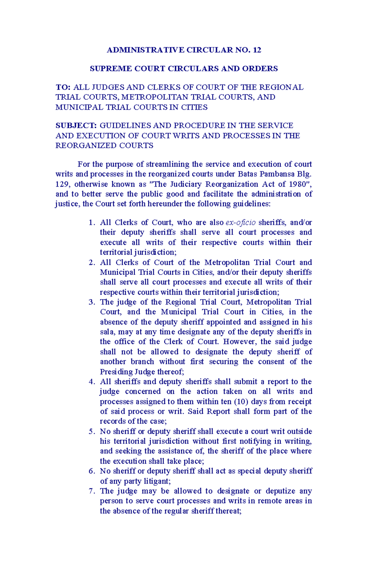 Guidelines for Service & Execution of Court Writs - Admin Circular NO ...