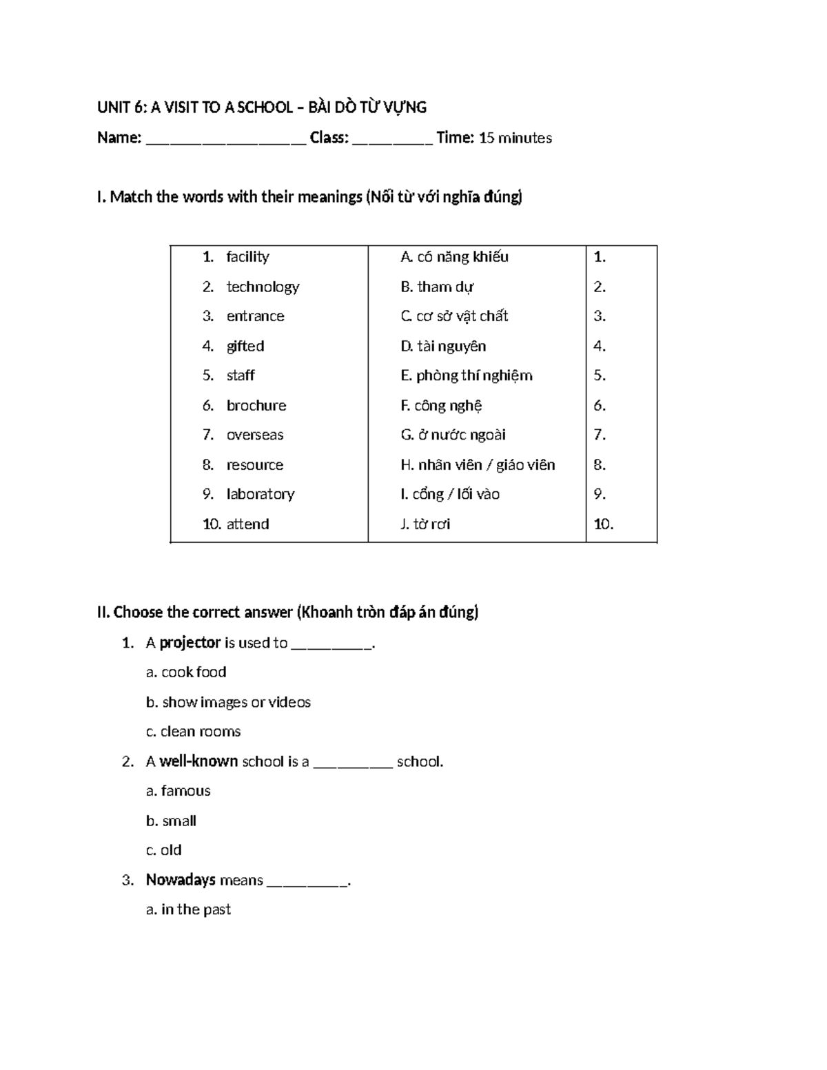 UNIT 6: VOCABULARY REVIEW FOR GRADE 7 – A VISIT TO A SCHOOL - Studocu