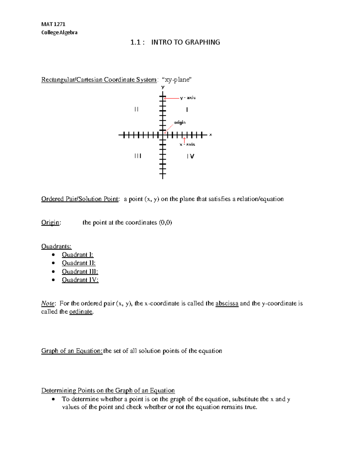 College Algebra MAT 1271: Graphing Equations and Coordinate System ...