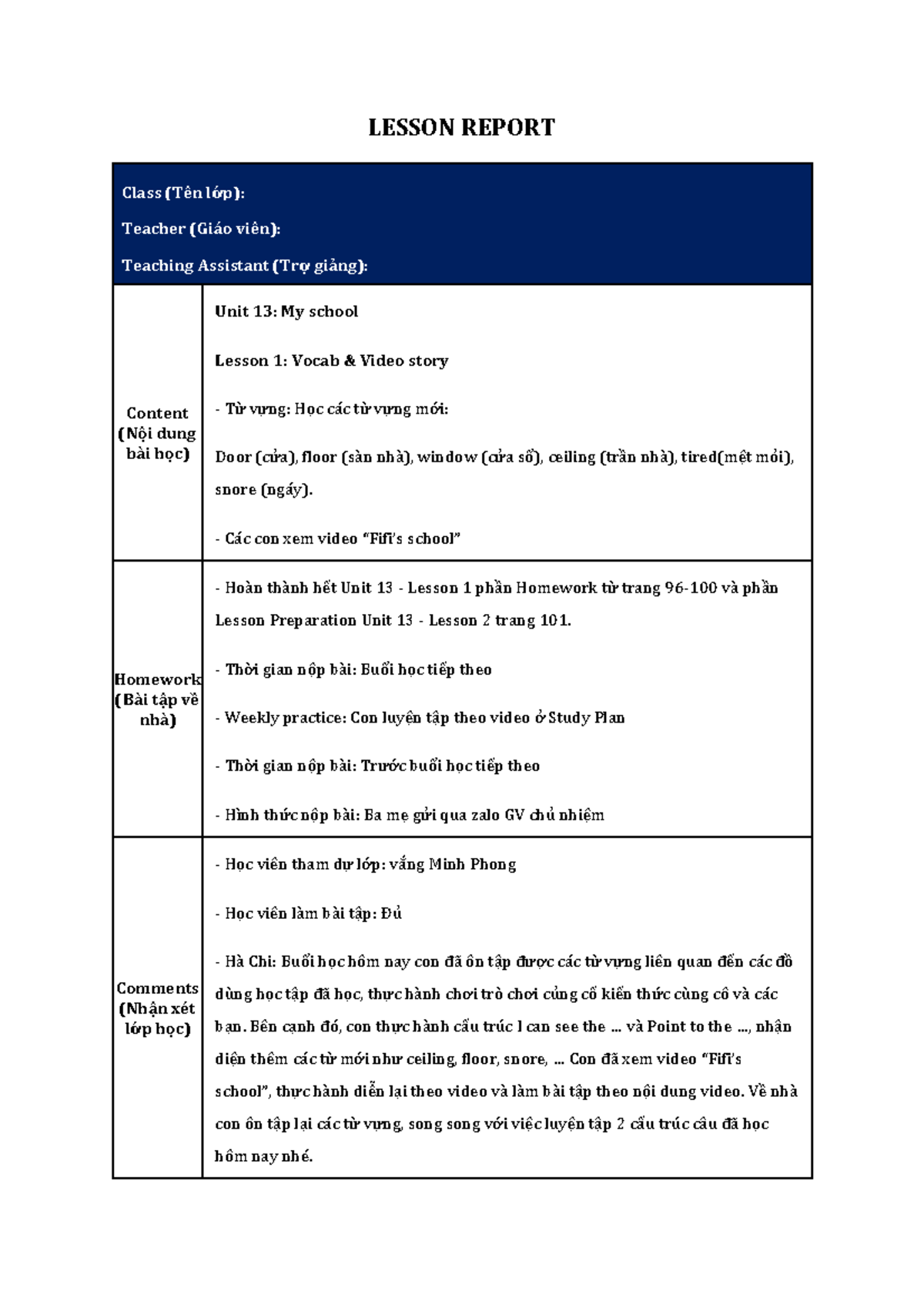 Unit 13 Lesson Report: Vocabulary & Activities Overview - Studocu