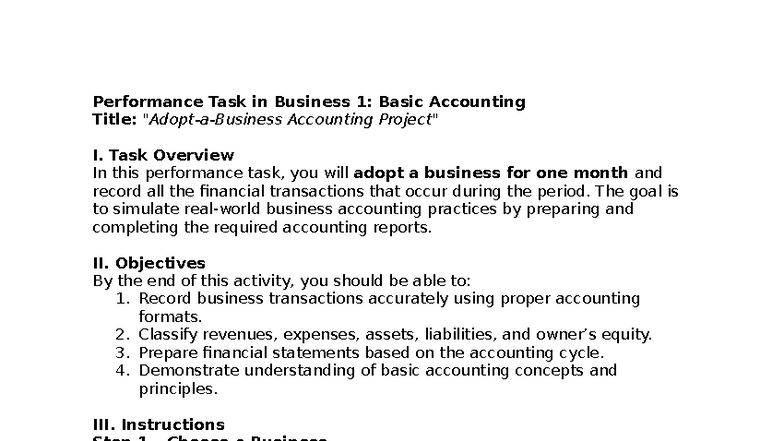 Performance Task in Business 1: Adopt-a-Business Accounting Project ...