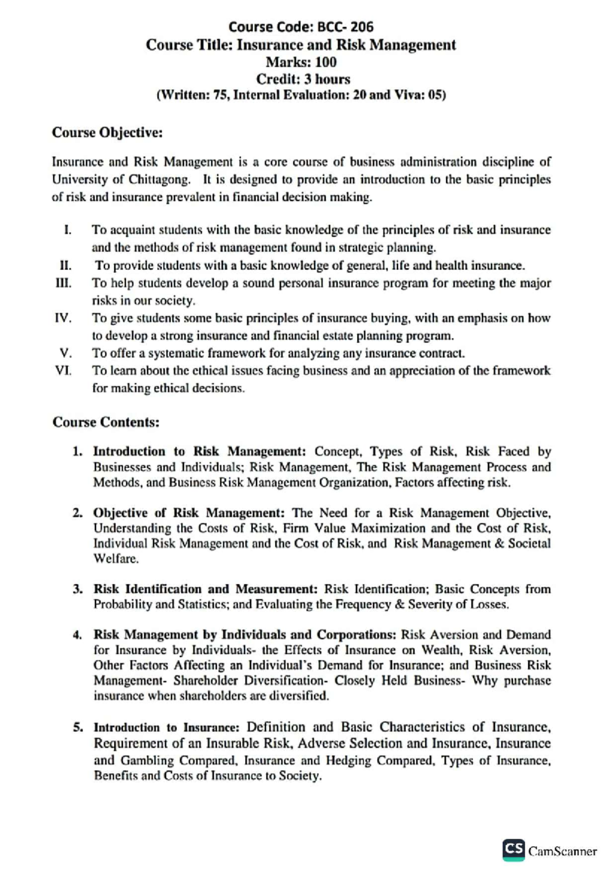 Syllabus of Course - Course Code: 206 Course Title: Insurance and Risk ...