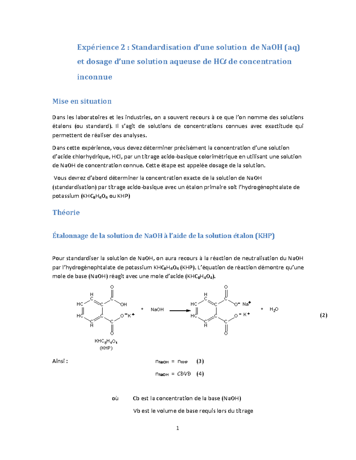 Standardisation de NaOH et Dosage de HCl - Chimie des Solutions - Studocu