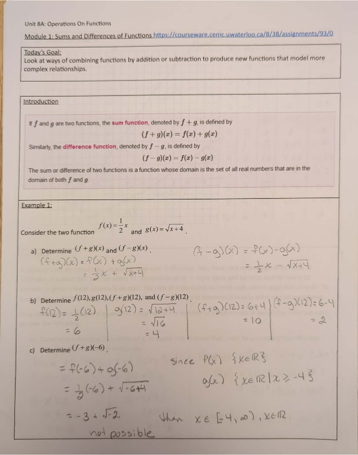 MHF4U Unit 8: Operations on Functions - Comprehensive Notes - Studocu