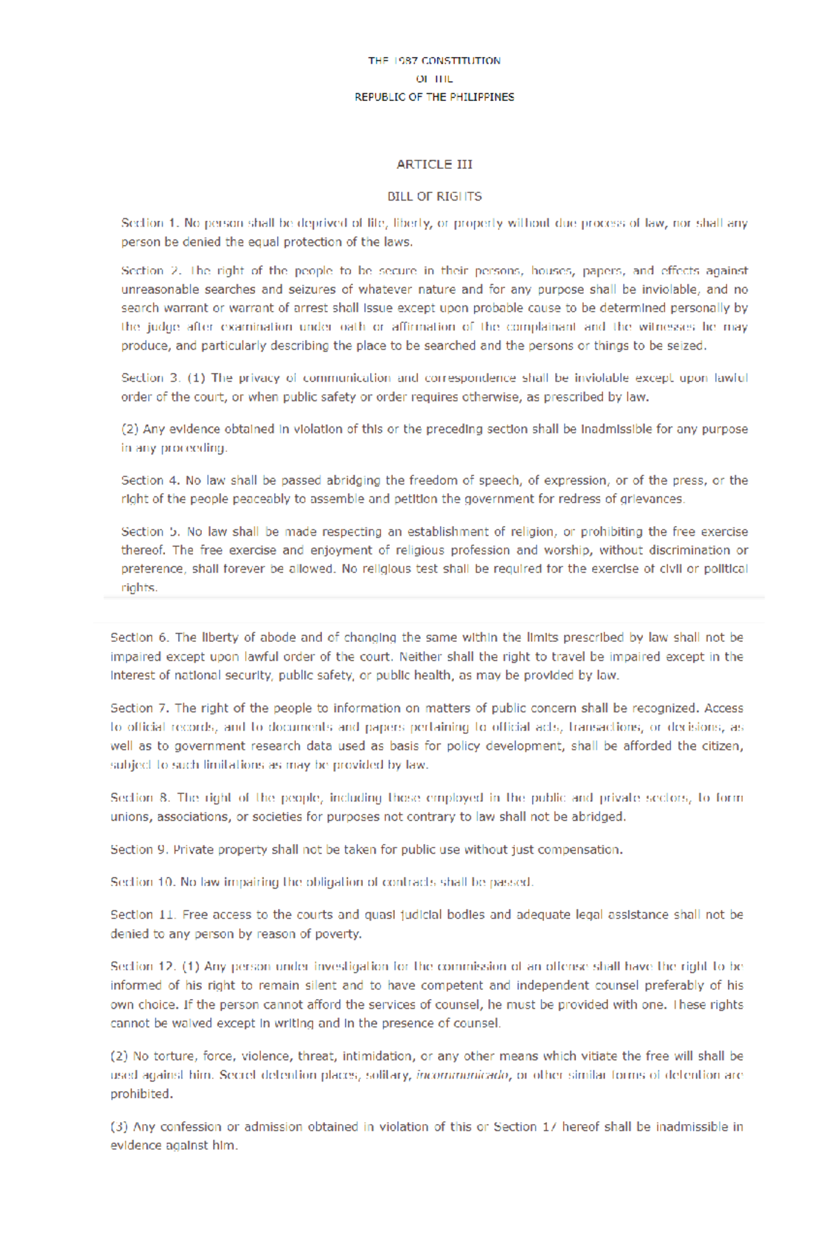 Bill-of-rights - bill of rights - THE 1987 CONSTITUTION OF THE REPUBLIC ...