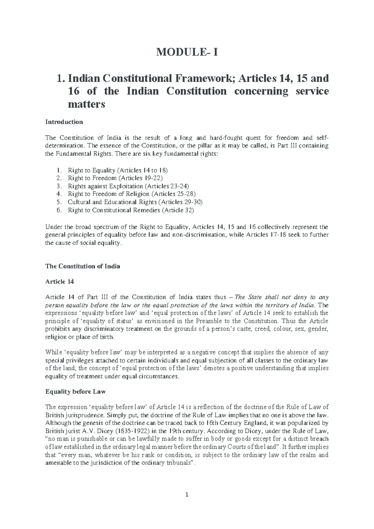 Service Law Study Notes: Indian Constitution Articles 14, 15 & 16 - Studocu
