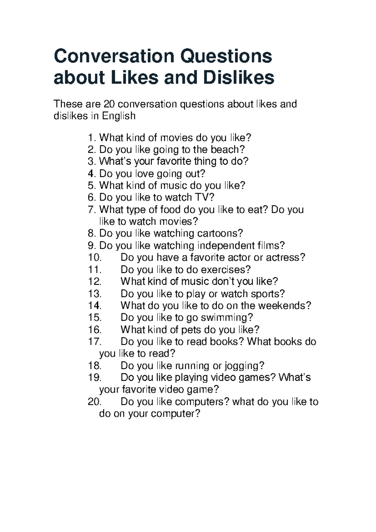 Conversation Questions on Likes & Dislikes - ESL Activity - Studocu