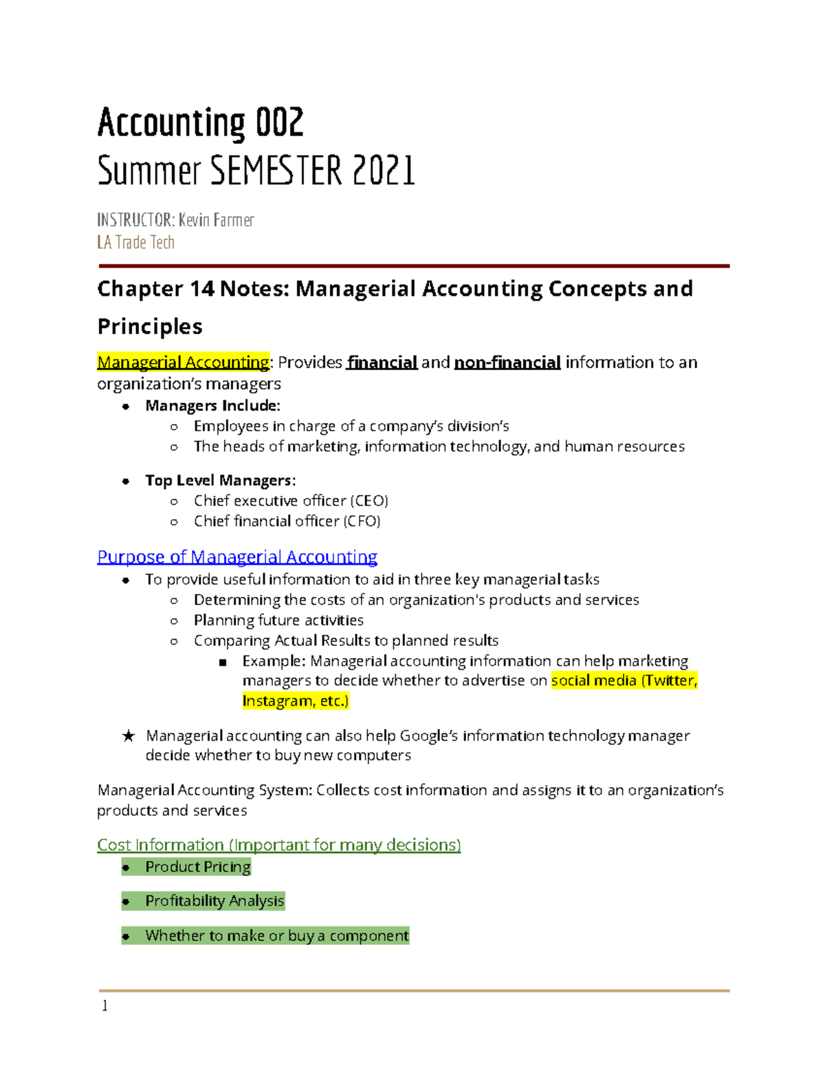 Accounting 002 - Chapter 14: Managerial Accounting Concepts and ...