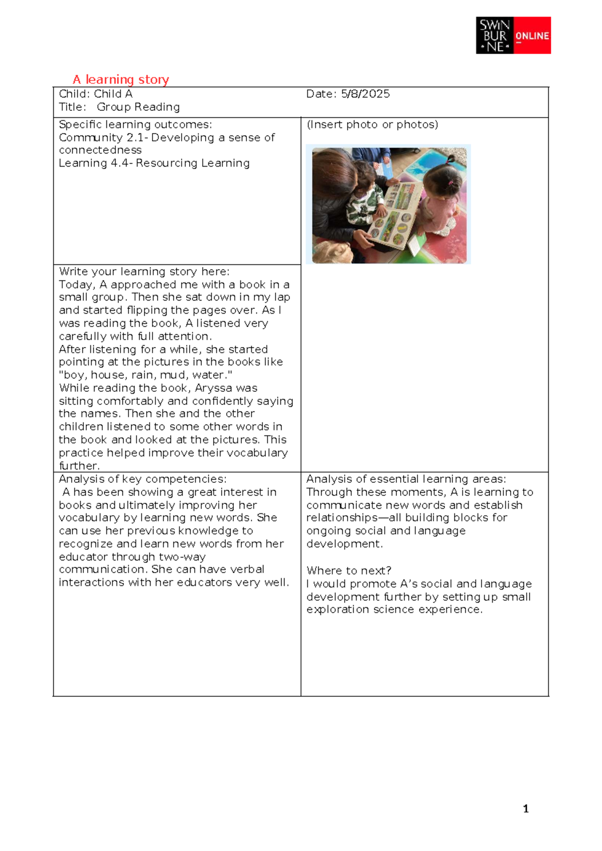 Learning Story: Child A's Group Reading Experience - Studocu