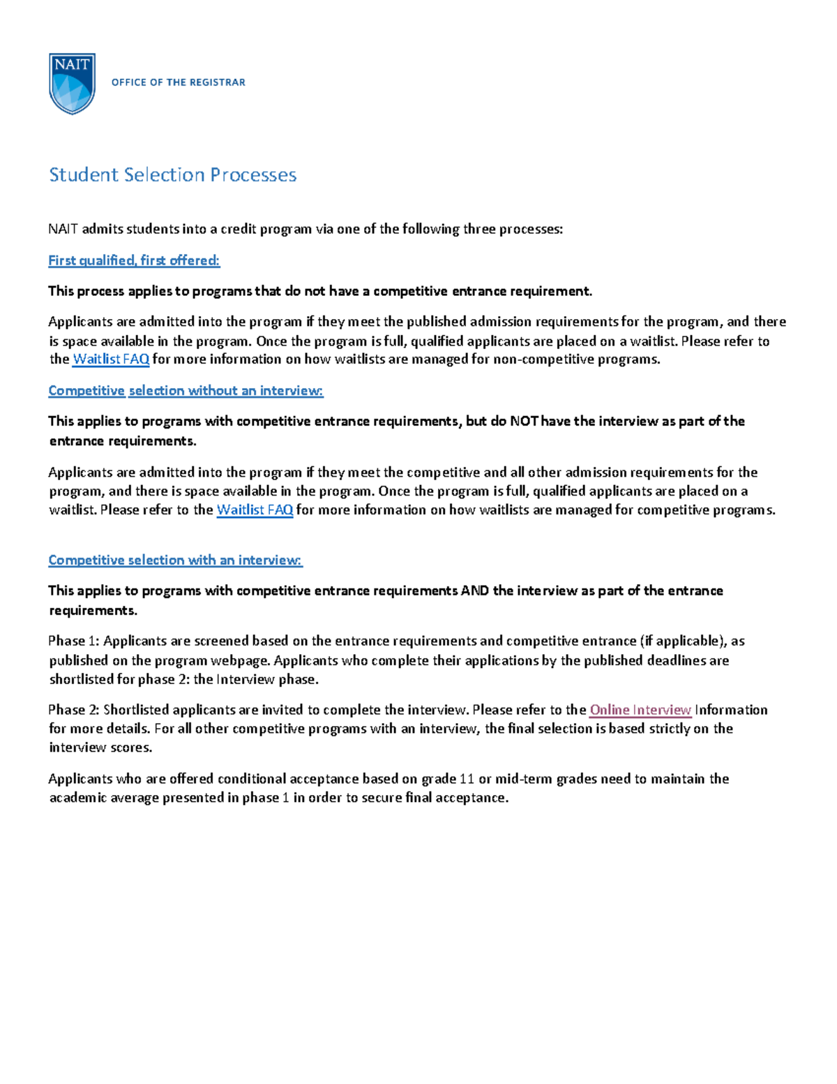 Student Selection Process - Student Selection Processes NAIT admits ...
