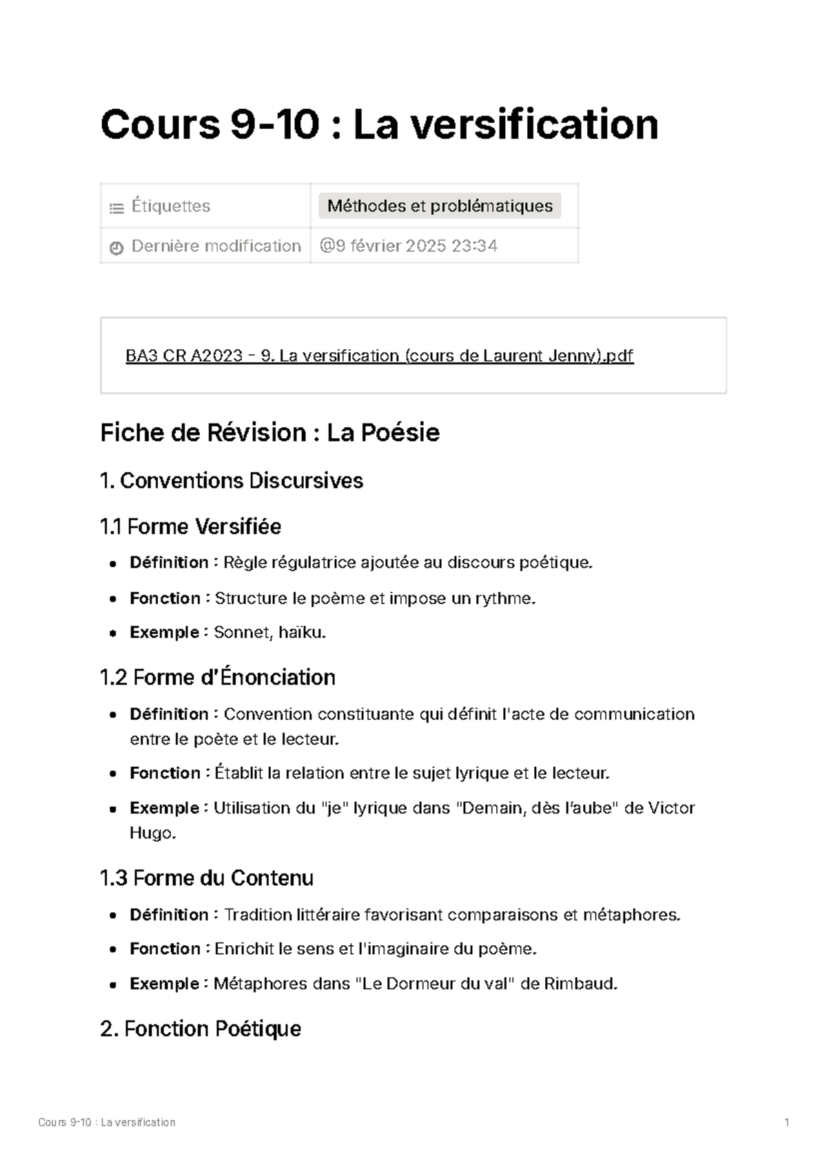 Cours BA3 CR A2023 : Révision sur la Versification et la Poésie - Studocu