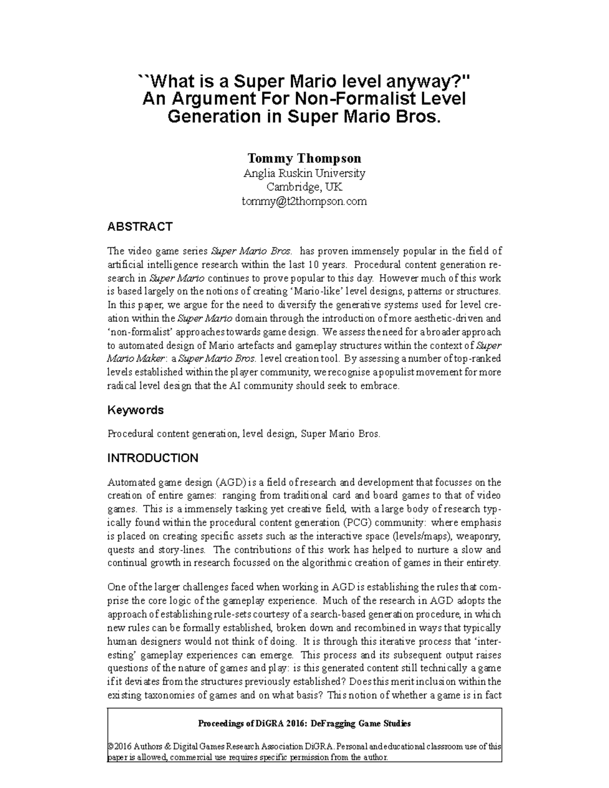 Analyzing Non-Formalist Level Design in Super Mario Bros. (SMB ...