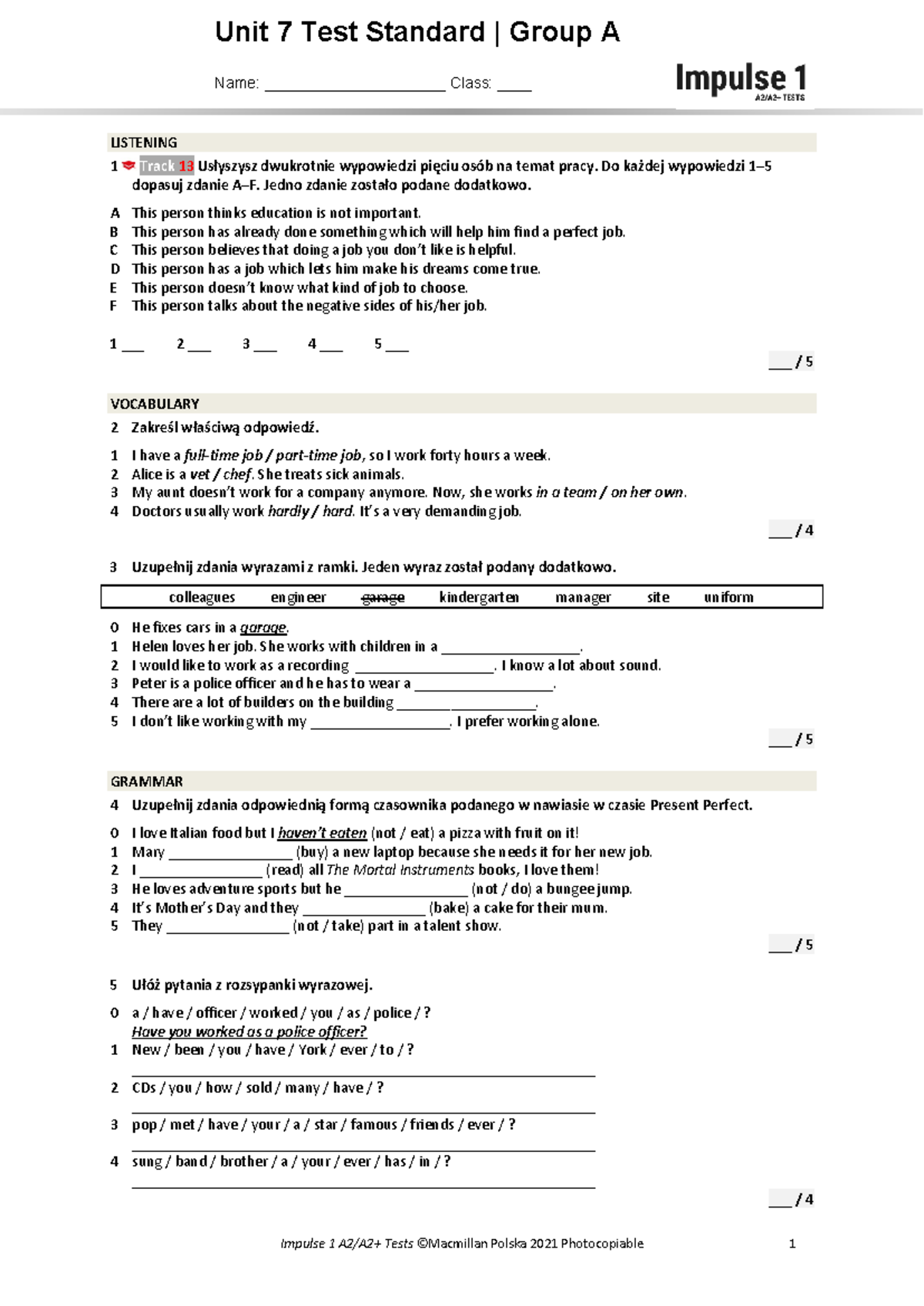 Unit 7 Test Standard A - Listening & Vocabulary Exercises Impulse 1 ...