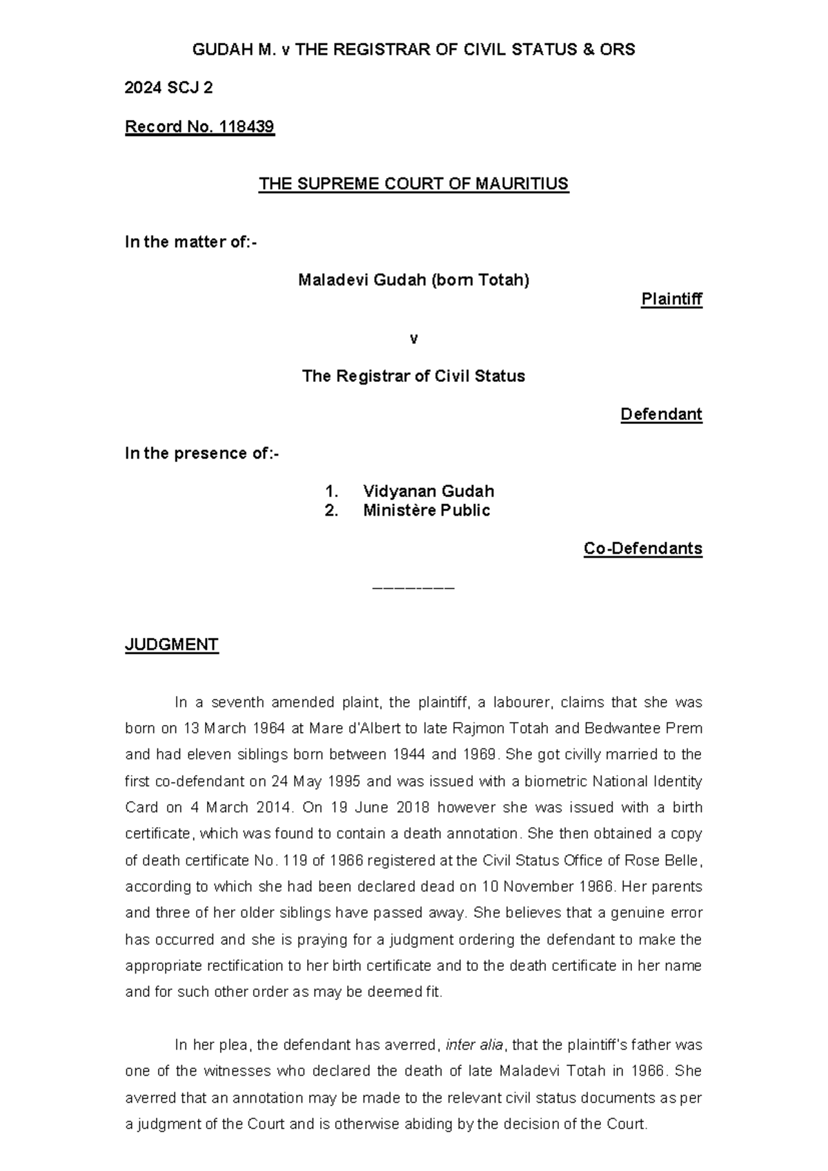 Case Study: Gudah M. v THE Registrar OF Civil Status & ORS 2024 SCJ 2 ...