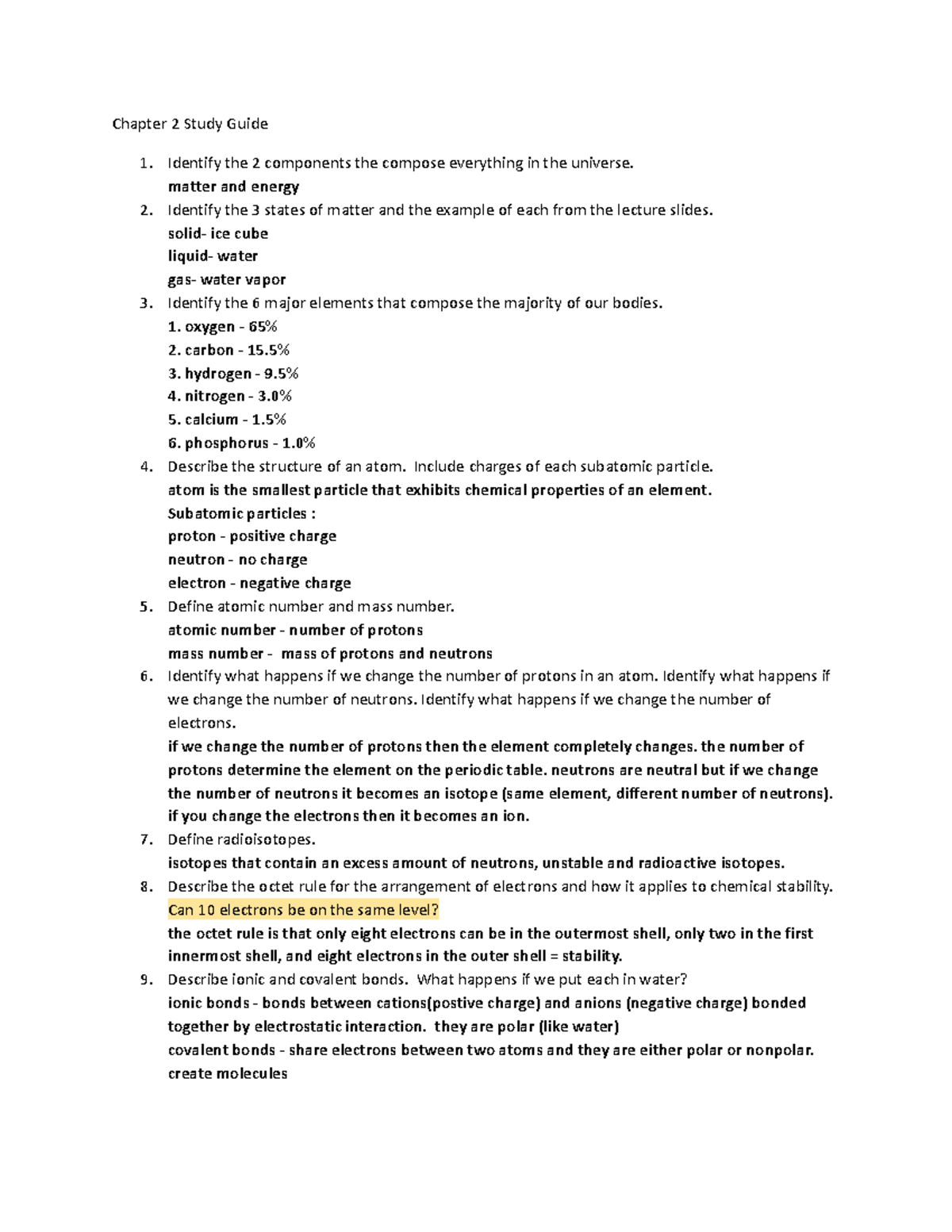 BIO 101 Chapter 2 Study Guide: Matter, Atoms, and Chemical Bonds - Studocu