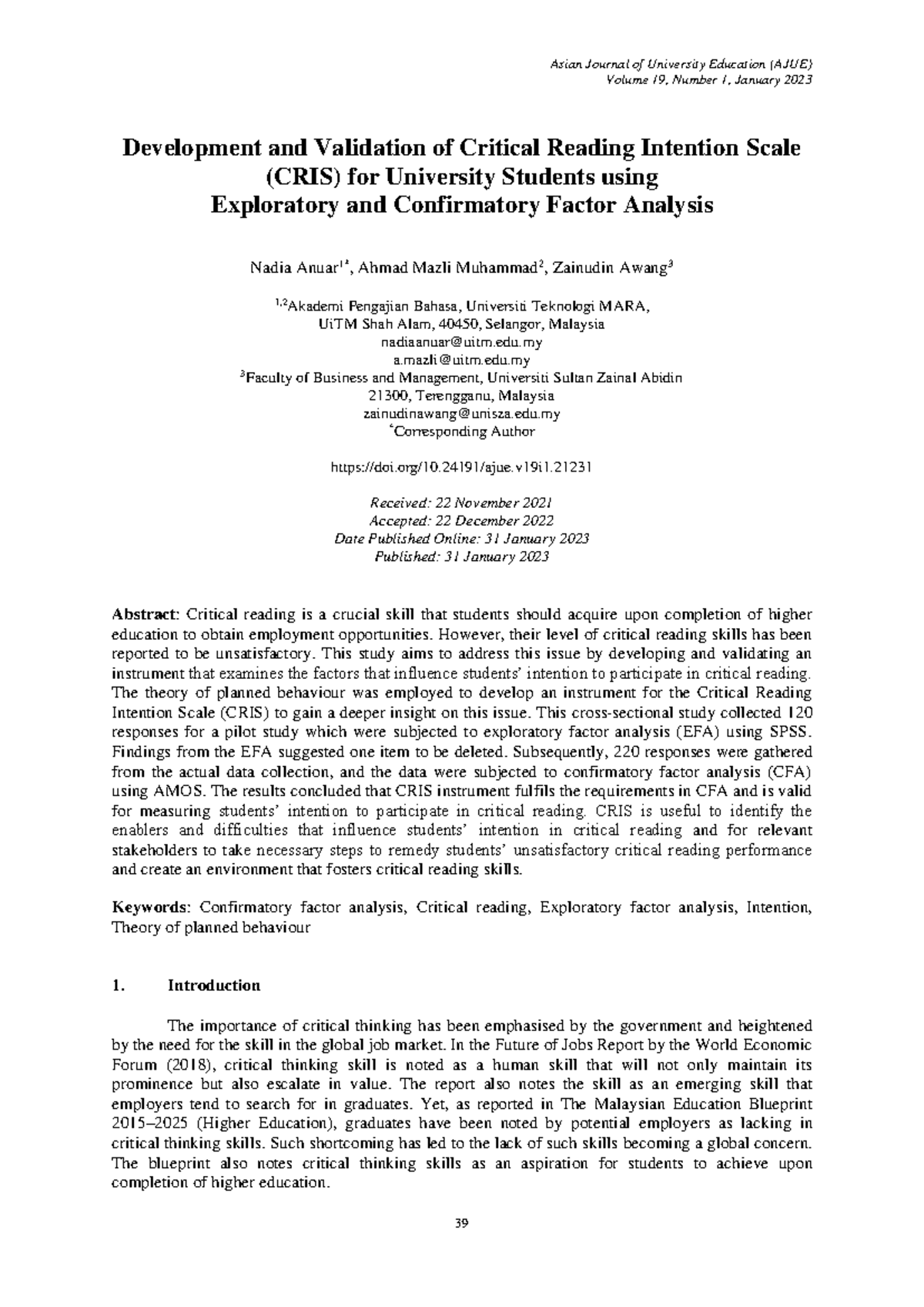Development and Validation of the Critical Reading Intention Scale ...