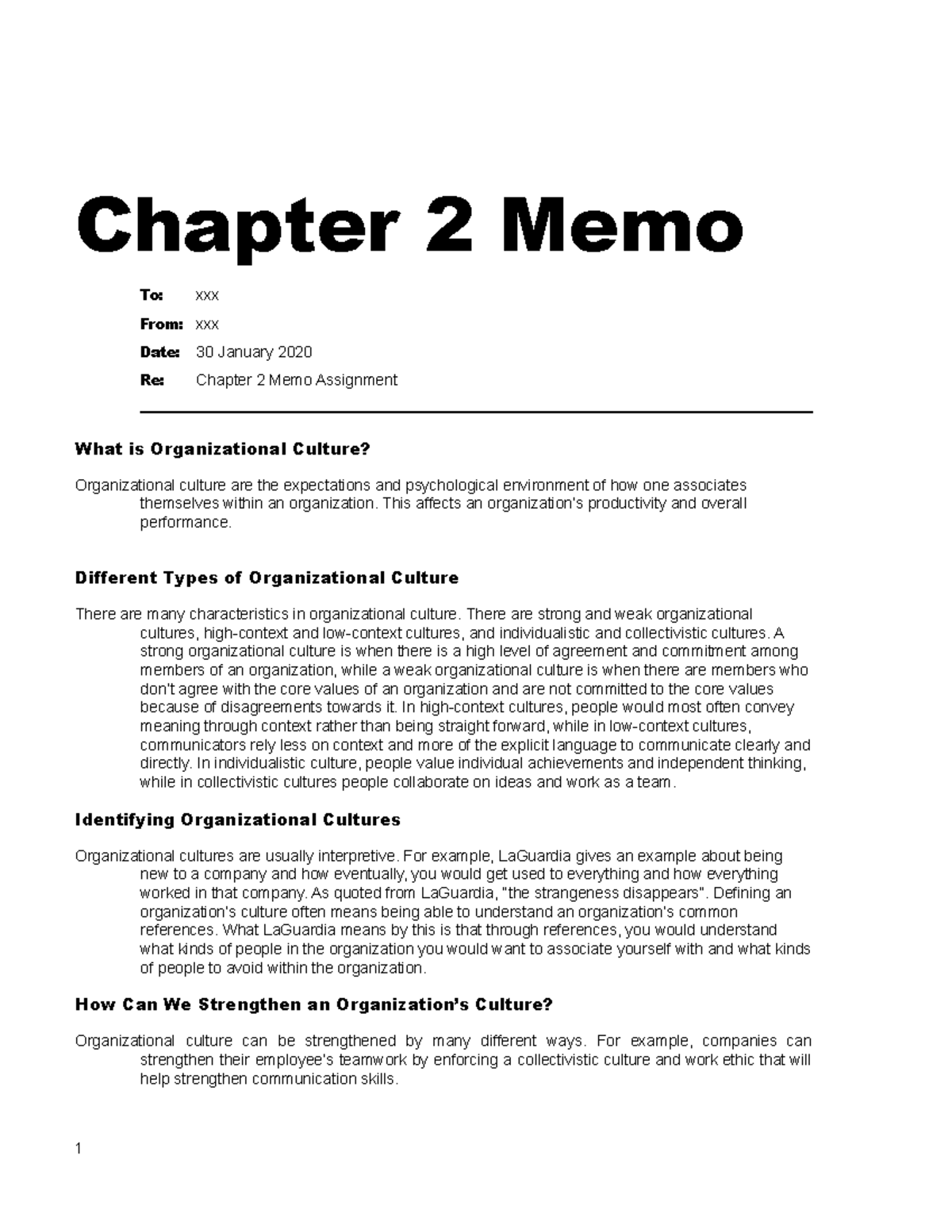 Chapter 2 Memo Assignment: Exploring Organizational Culture - Studocu