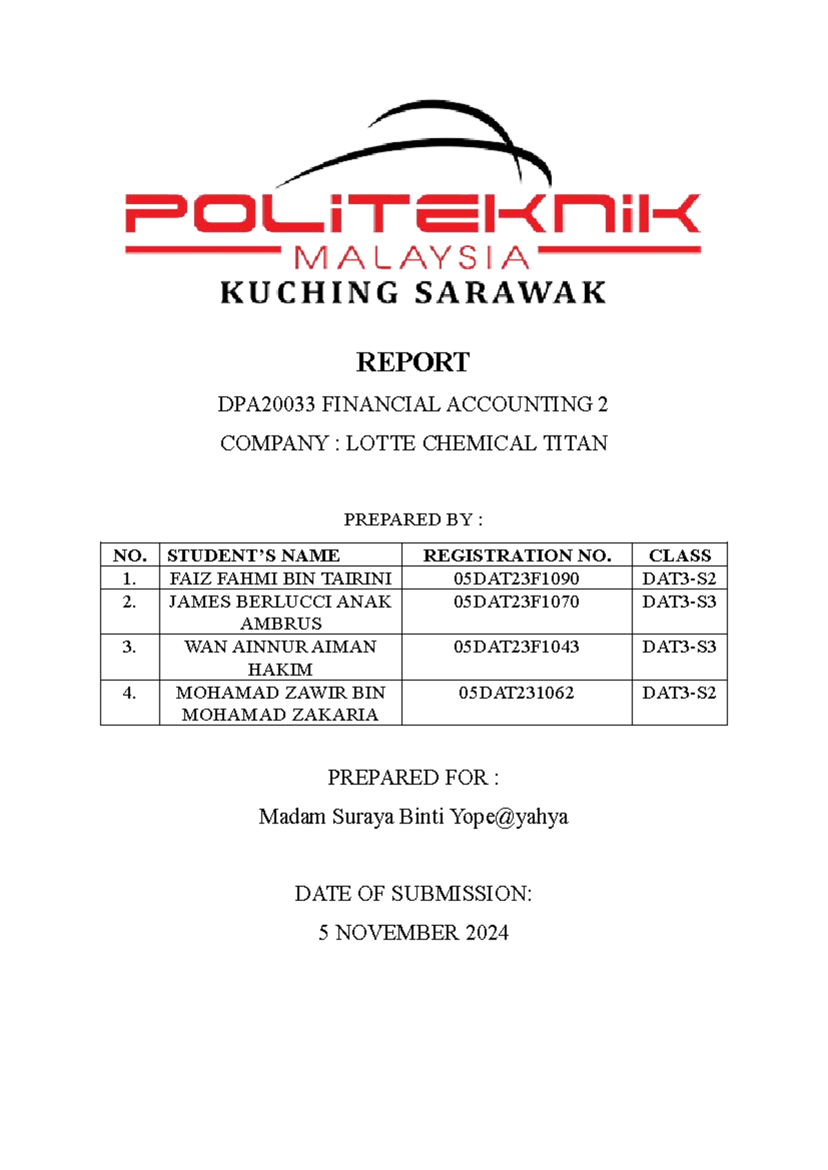 DPA20033 FA2 Report: Financial Analysis of Lotte Chemical Titan 2023 ...