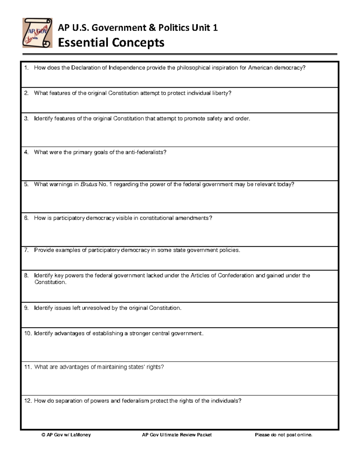AP Gov Unit 1 Essential Questions: Foundations of American Democracy ...