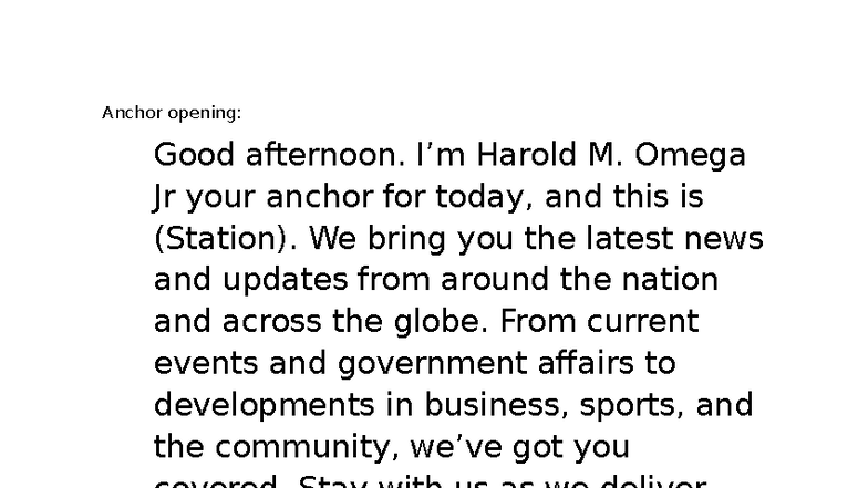 Anchor Opening Script for Local News Broadcast - Studocu
