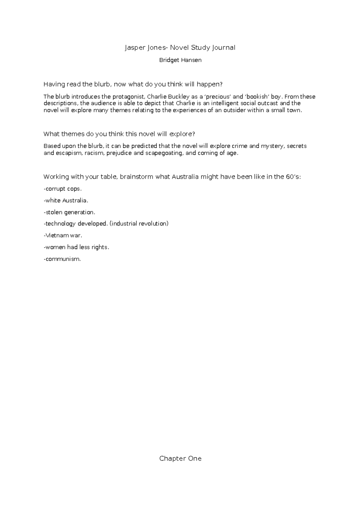 Jasper Jones Novel Study Journal: Themes & Character Analysis - Studocu
