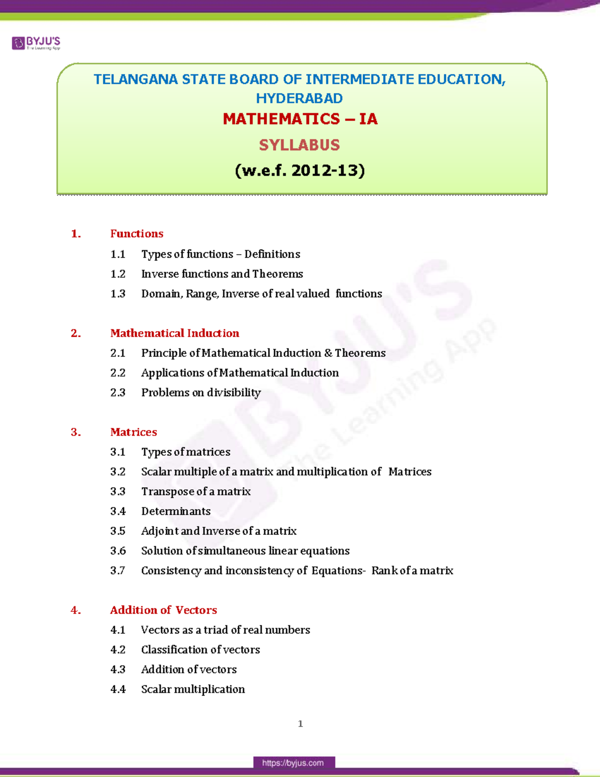 Telengana Board of Intermediate Education I Year Math IA Syllabus - 1 ...