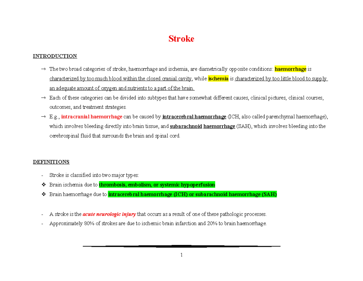 Initial Assessment and Management of Acute Stroke (MED 101) - Studocu
