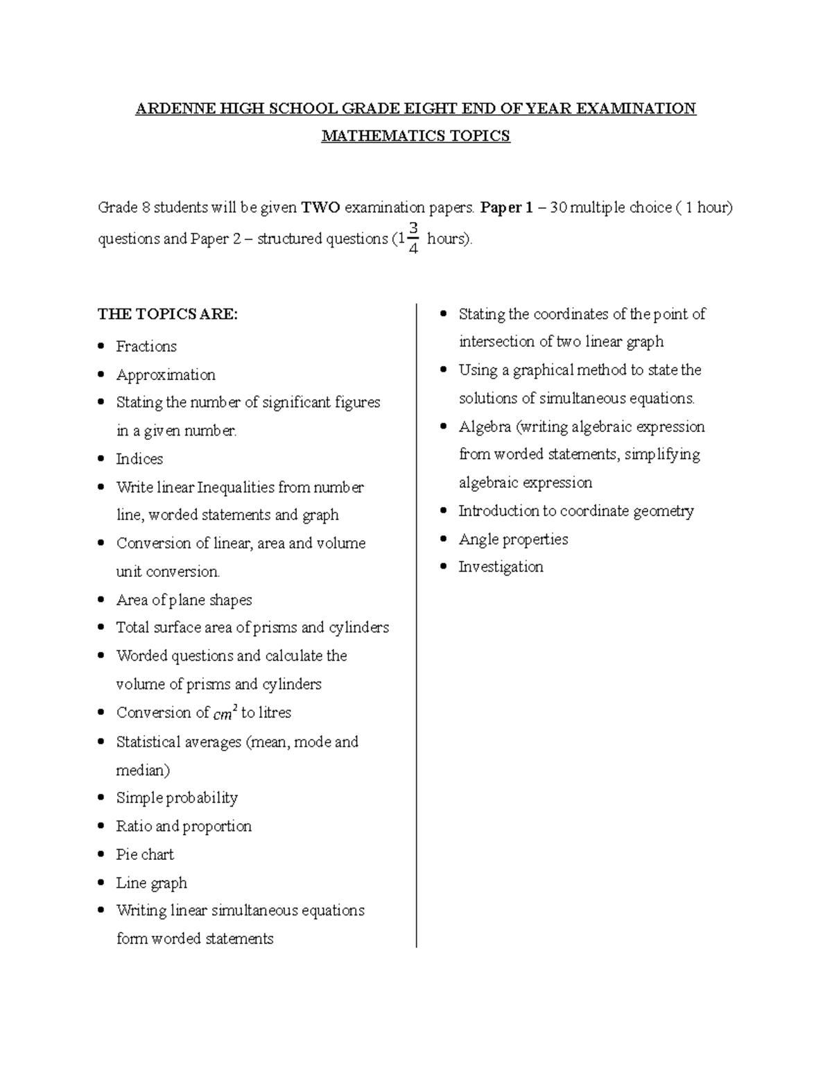 Grade 8 Mathematics EOY Exam Topics Overview - Studocu