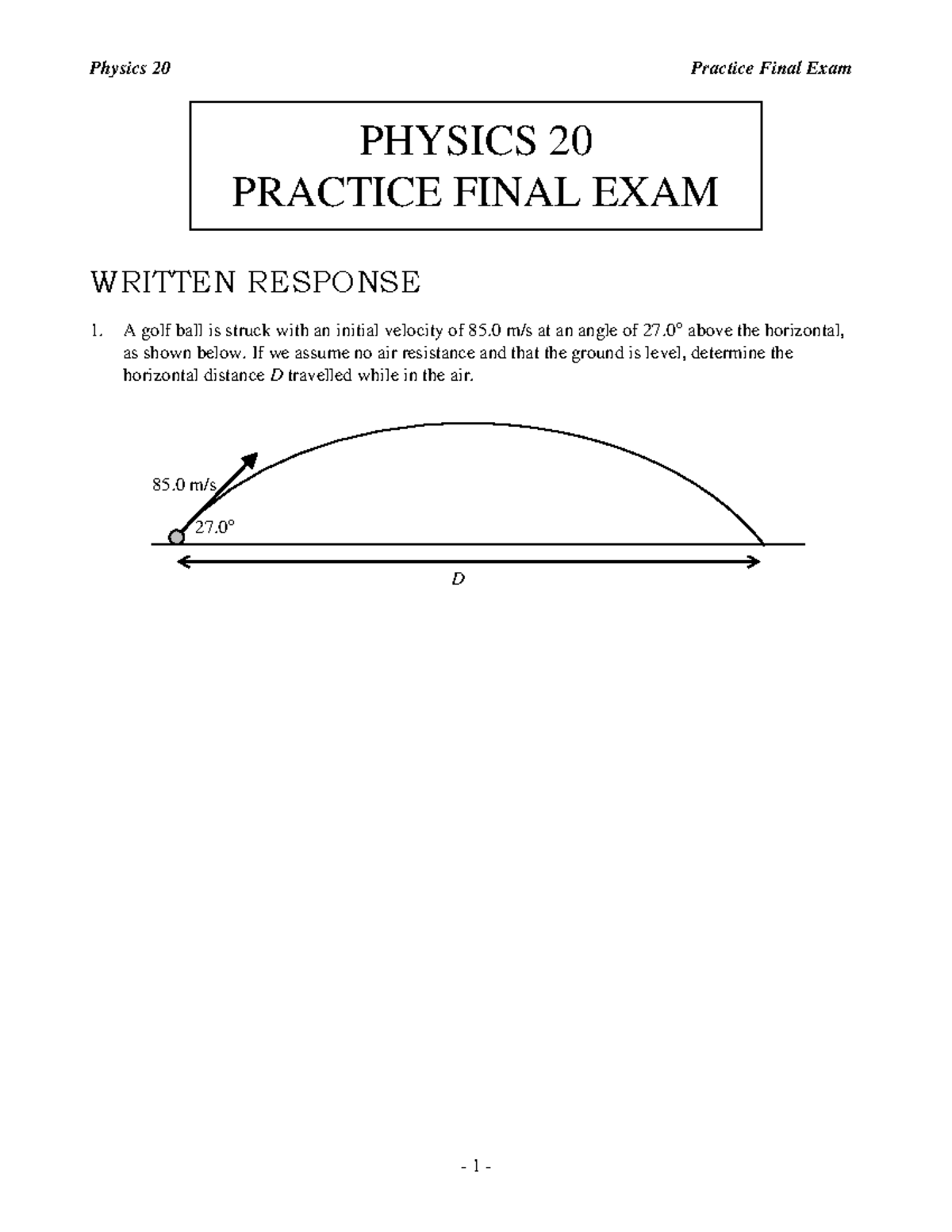 Physics 20 Practice Final Exam Review and Solutions - Studocu