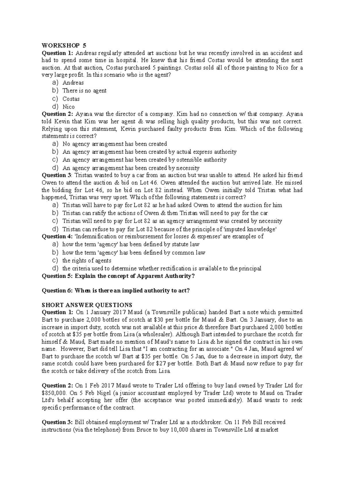 Workshop 5: Agency Law Scenarios and Short Answer Questions - Studocu