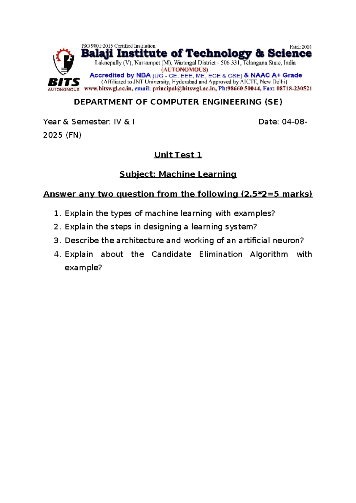 ML unit1 - notes - Computer science - DEPARTMENT OF COMPUTER ...