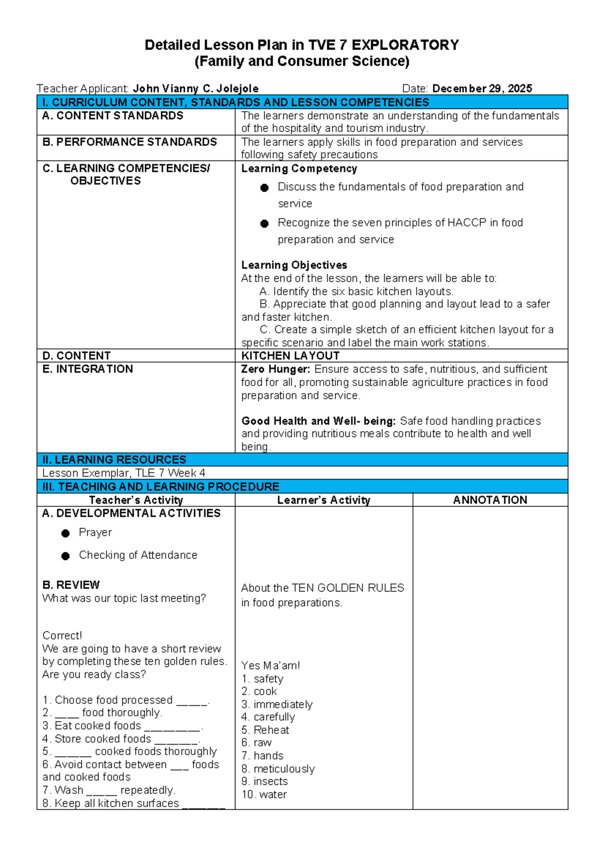 COT 1 2025-2026 Detailed Lesson Plan: Kitchen Layouts in TVE 7 - Studocu